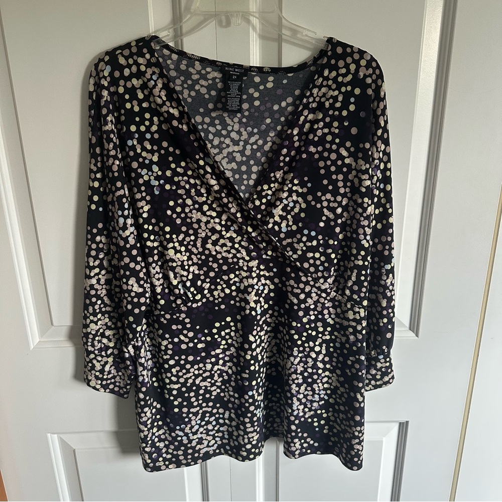 Nine West Polkadot 3/4 Sleeve Blouse Faux Wrap